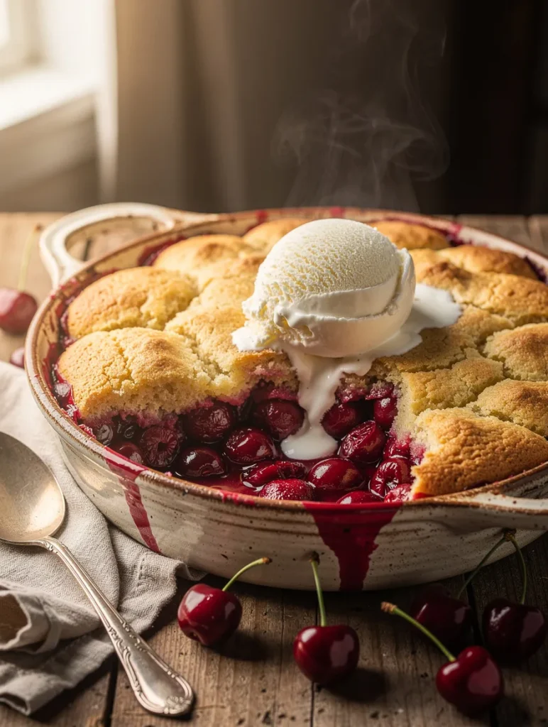 Warm cherry cobbler with vanilla ice cream in a rustic baking dish, filled with juicy cherries and topped with a golden crust.