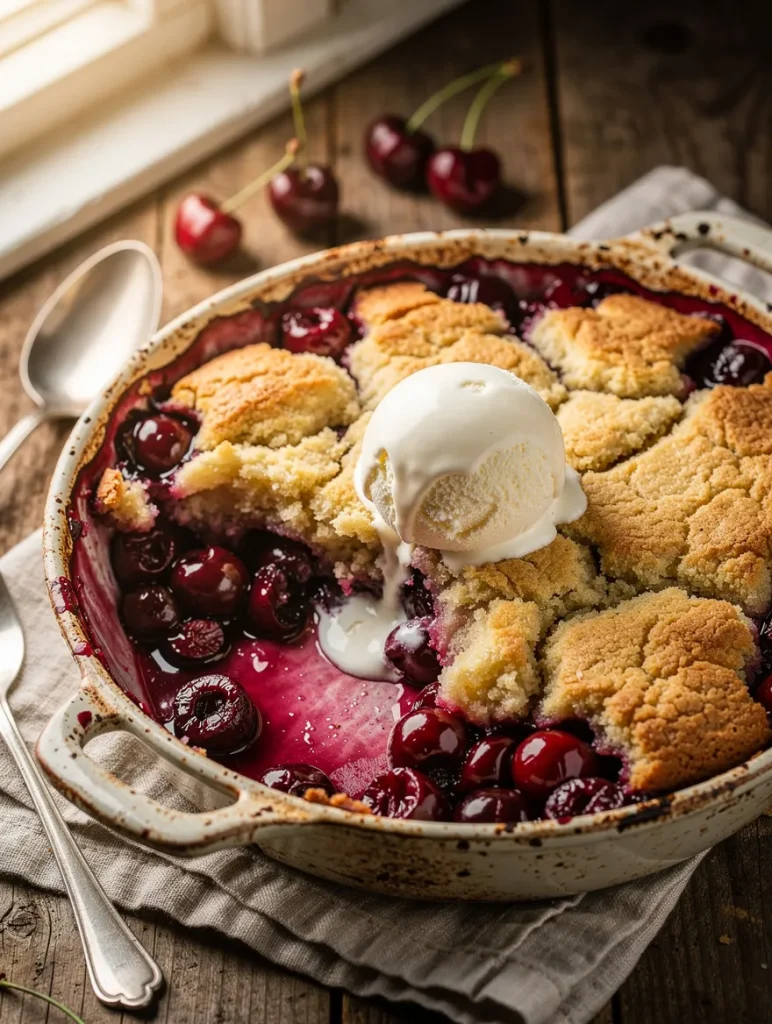 Rustic cherry cobbler topped with vanilla ice cream, featuring a golden buttery crust and juicy baked cherries in a ceramic baking dish.