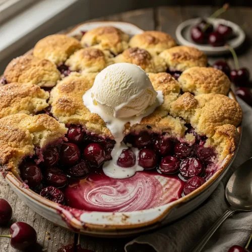 Cherry cobbler with vanilla ice cream in a rustic baking dish, featuring a golden biscuit topping and juicy baked cherries.