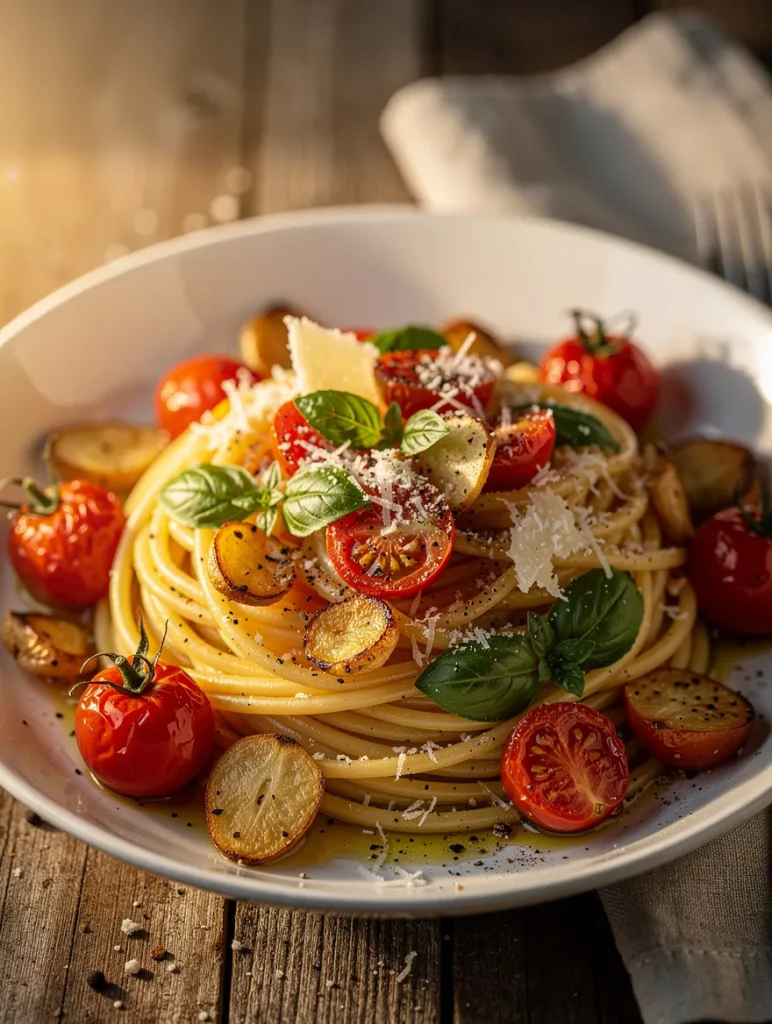 Cherry tomato pasta with spaghetti, blistered cherry tomatoes, roasted garlic cloves, fresh basil leaves, shaved Parmesan cheese, olive oil, and black pepper served in a rustic white bowl.