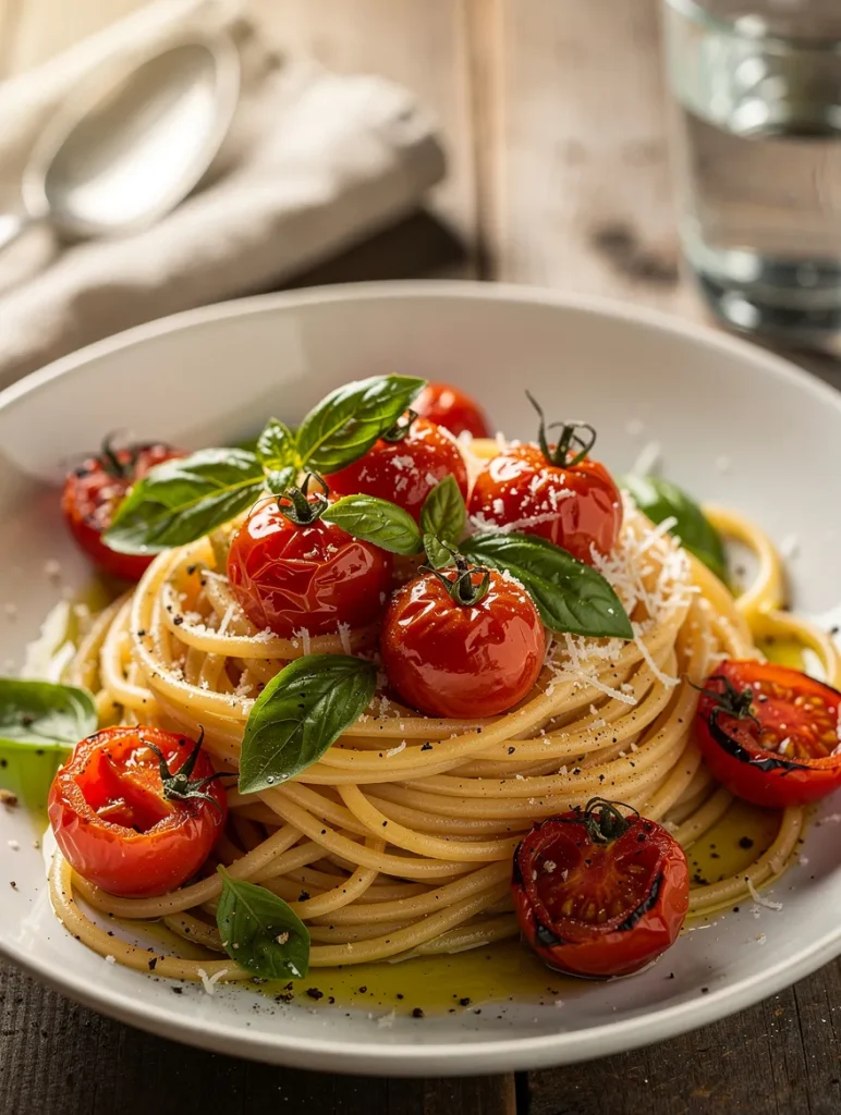 Cherry tomato pasta with spaghetti, roasted cherry tomatoes, fresh basil leaves, grated Parmesan cheese, olive oil, and cracked black pepper served in a white bowl.