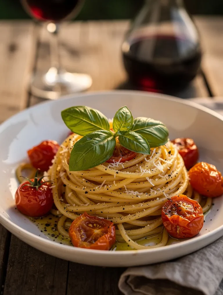 Cherry tomato pasta served with spaghetti, roasted cherry tomatoes, fresh basil leaves, grated Parmesan cheese, olive oil, and cracked black pepper in a rustic white bowl.
