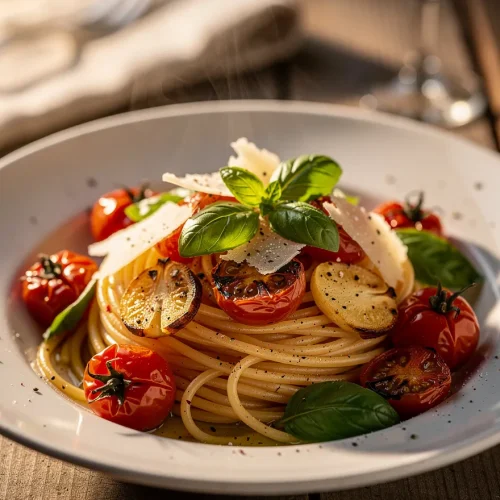Cherry tomato pasta recipe with spaghetti, roasted cherry tomatoes, caramelized garlic, fresh basil leaves, Parmesan cheese shavings, olive oil, and cracked black pepper served in a white bowl.