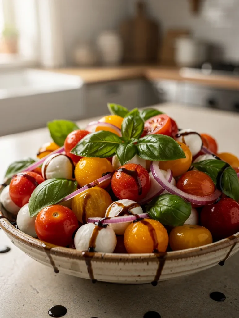 Cherry tomato salad with red and yellow cherry tomatoes, fresh mozzarella pearls, basil leaves, red onion slices, and balsamic glaze served in a rustic ceramic bowl.