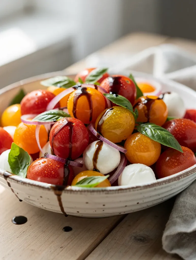Cherry tomato salad with red and yellow cherry tomatoes, fresh mozzarella balls, basil leaves, red onion slices, and balsamic glaze served in a rustic ceramic bowl on a wooden table.