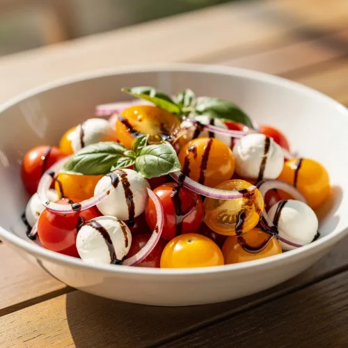 Cherry tomato salad recipe with red and yellow cherry tomatoes, fresh mozzarella pearls, basil leaves, red onion slices, and balsamic glaze served in a white bowl on a wooden table.