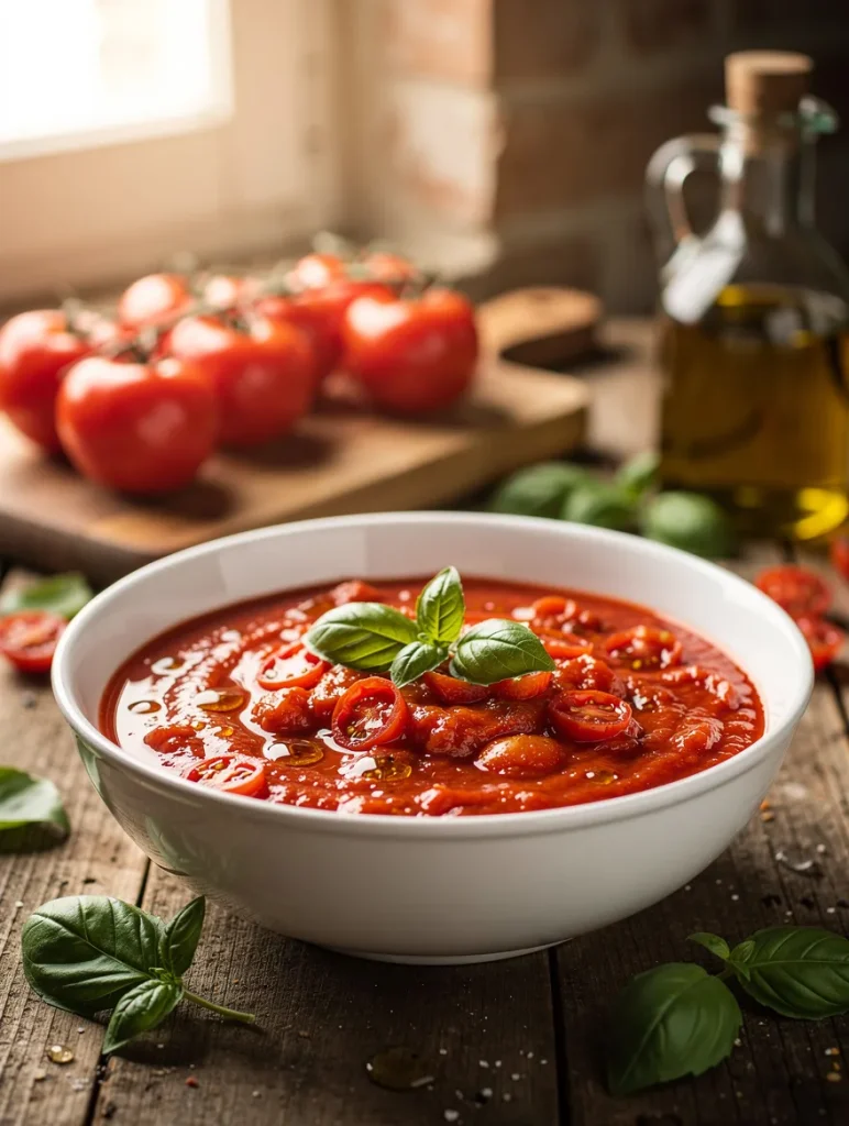 Bowl of homemade cherry tomato sauce topped with fresh basil, featuring roasted cherry tomatoes, olive oil, and garlic on a rustic wooden table.