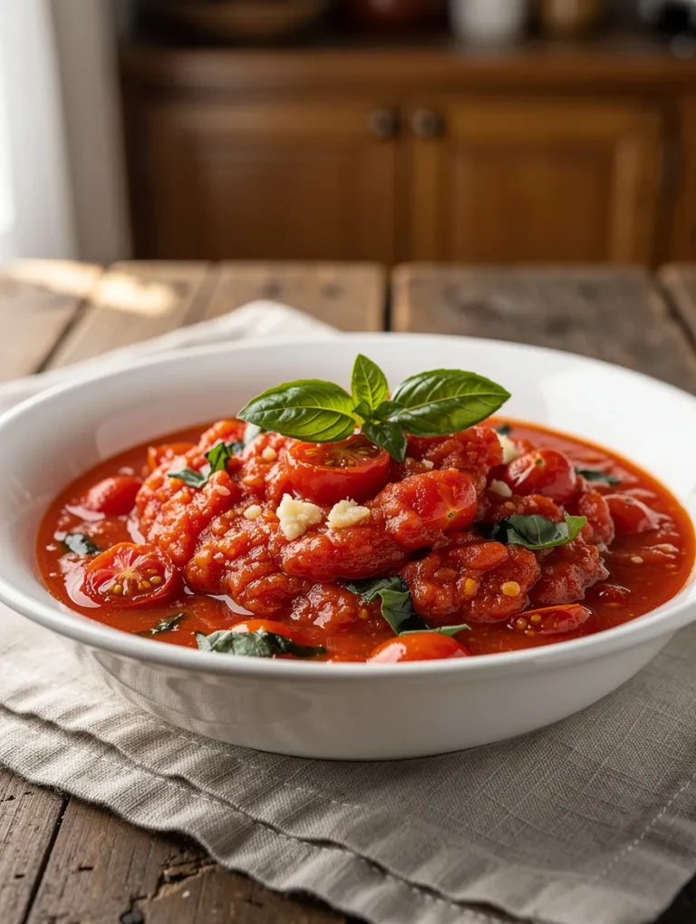 Homemade cherry tomato sauce in a white bowl, featuring slow-cooked cherry tomatoes, fresh basil, garlic, and herbs for a rich and flavorful Italian-inspired sauce.