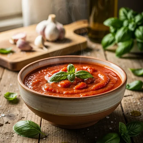Rustic cherry tomato sauce in a ceramic bowl, garnished with fresh basil and served with garlic, olive oil, and herbs on a wooden table.