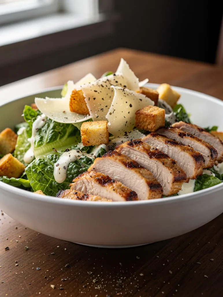 Chicken Caesar salad with grilled chicken breast, romaine lettuce, Parmesan cheese, croutons, and Caesar dressing in a white bowl.