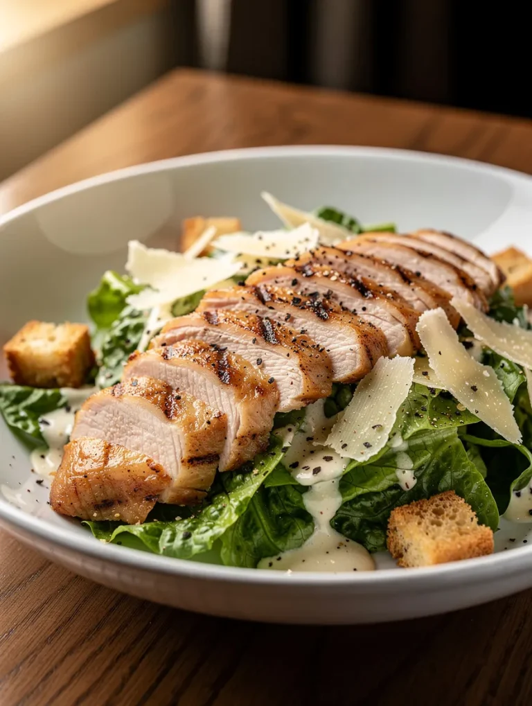Chicken Caesar salad with grilled chicken breast, romaine lettuce, Parmesan cheese, croutons, and creamy Caesar dressing.