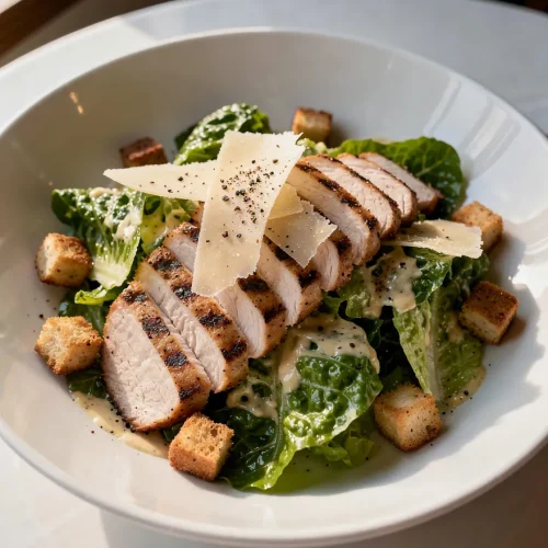Chicken Caesar salad with grilled chicken, romaine lettuce, Parmesan cheese shavings, croutons, and creamy Caesar dressing.