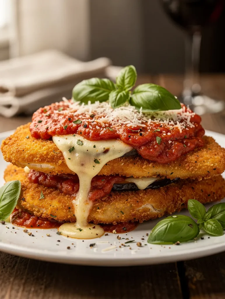 Chicken eggplant parmesan with crispy breaded chicken, eggplant slices, marinara sauce, melted mozzarella cheese, and fresh basil.