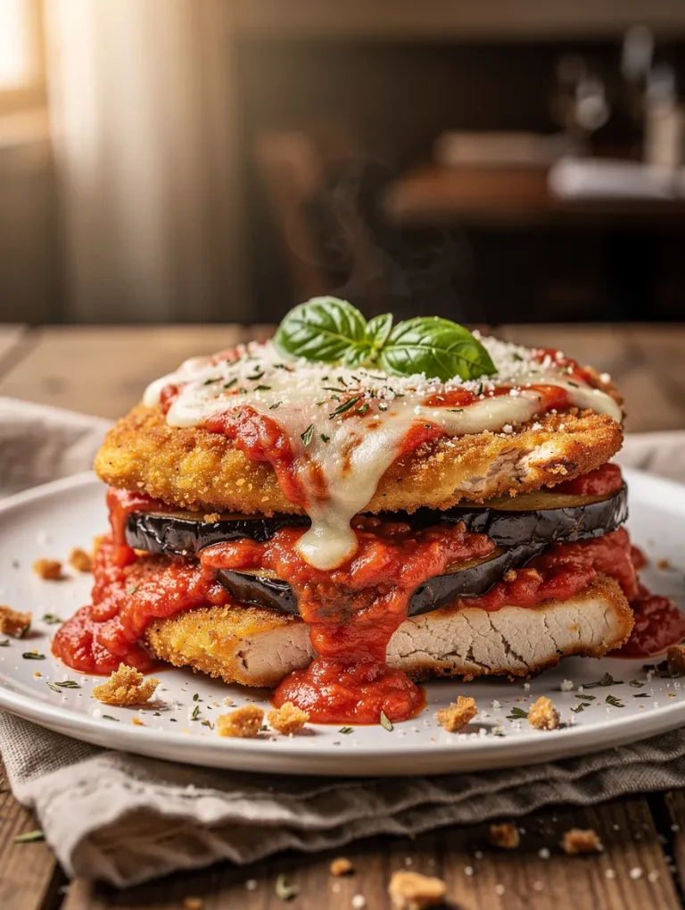 Chicken eggplant parmesan with crispy breaded chicken, layered eggplant, marinara sauce, and melted mozzarella cheese topped with fresh basil.