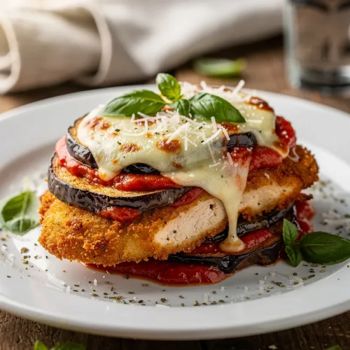Chicken eggplant parmesan with crispy breaded chicken, roasted eggplant slices, marinara sauce, melted mozzarella cheese, and fresh basil.