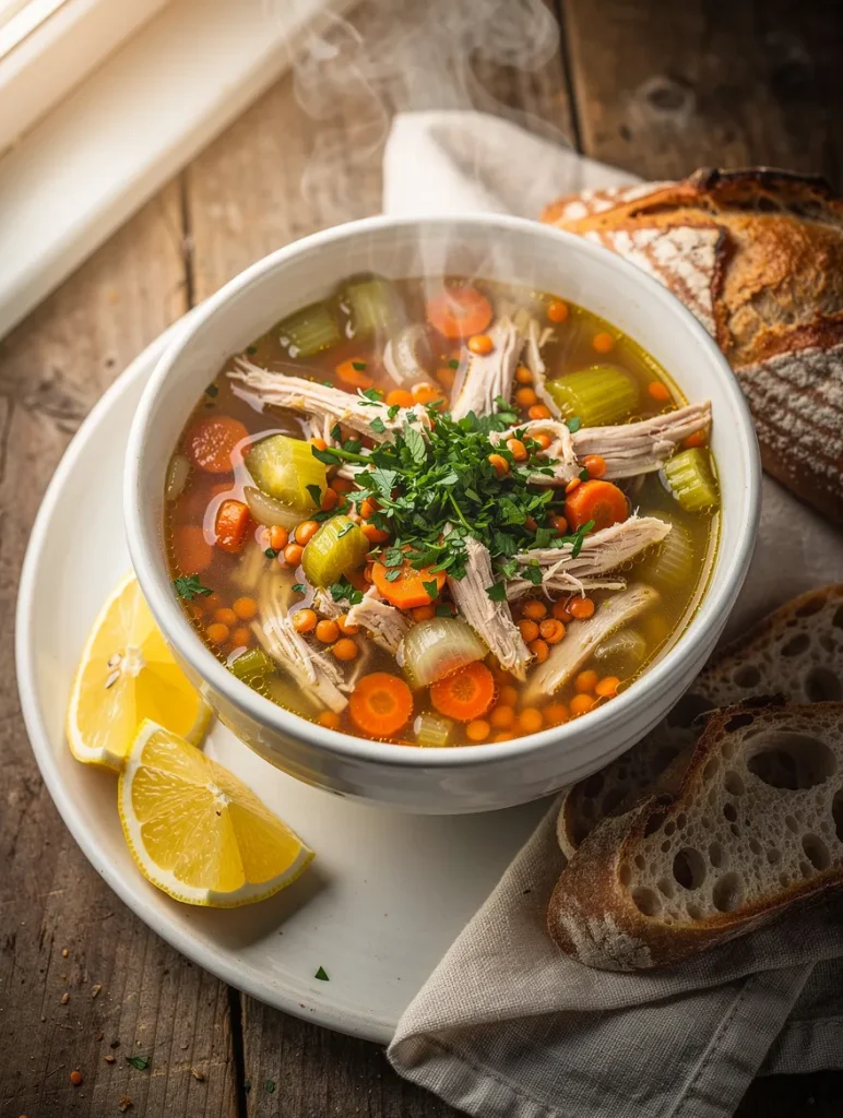 Chicken lentil soup with shredded chicken, red lentils, carrots, celery, and fresh parsley served with lemon wedges and rustic bread.