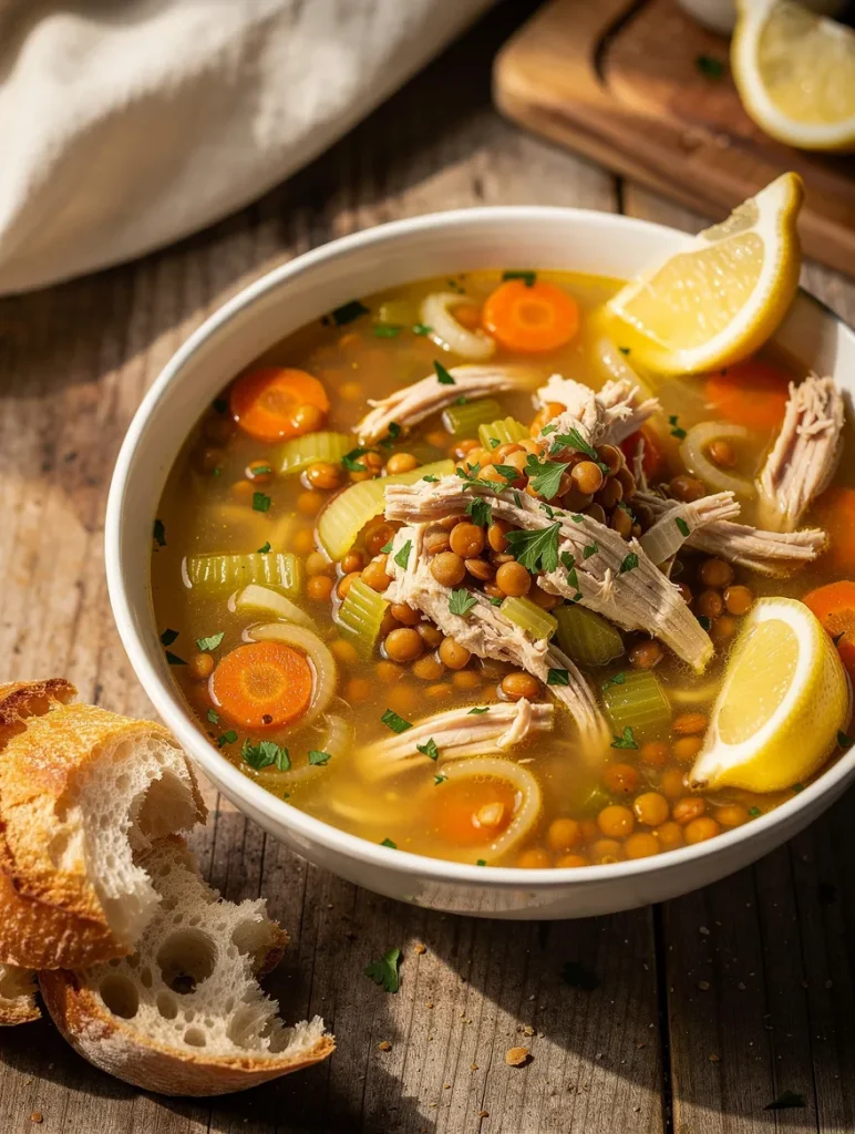 Chicken lentil soup with shredded chicken, lentils, carrots, celery, onions, and lemon wedges served with crusty bread.