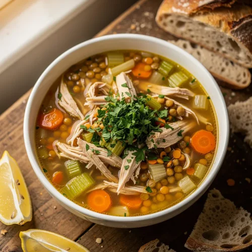 Chicken lentil soup with shredded chicken, lentils, carrots, celery, and fresh parsley served with lemon wedges and crusty bread.