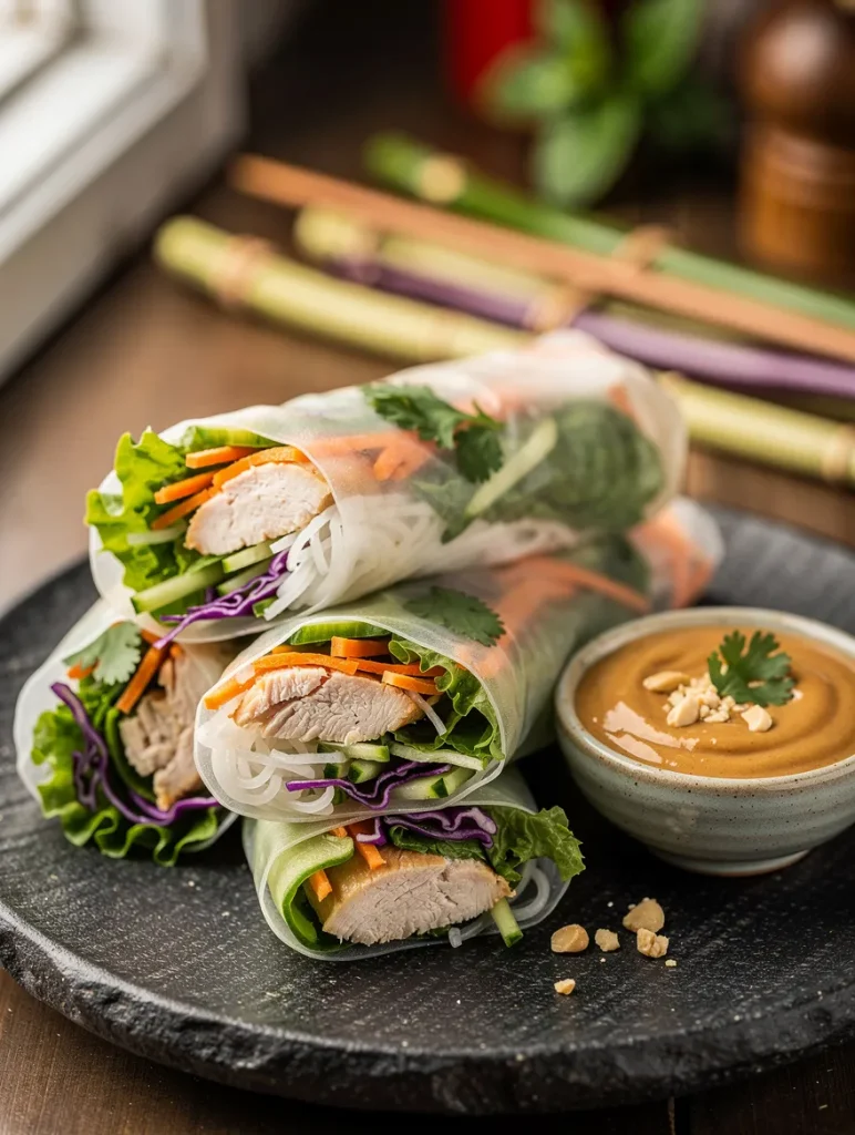 Fresh chicken spring rolls filled with sliced chicken, rice noodles, lettuce, cucumber, carrots, and purple cabbage, served with creamy peanut dipping sauce on a black plate.