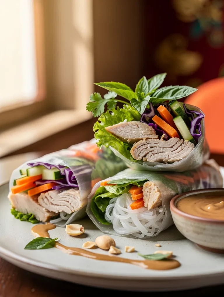 Fresh chicken spring rolls filled with shredded chicken, rice noodles, lettuce, cucumber, carrots, and purple cabbage, served with creamy peanut dipping sauce.