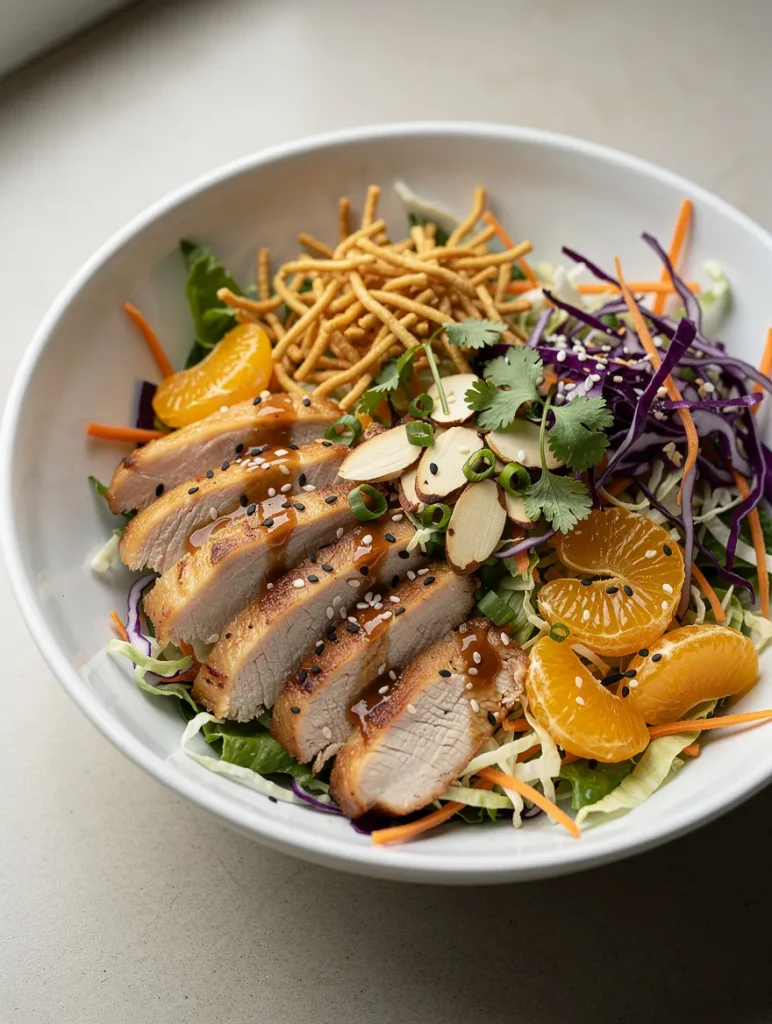 Chinese chicken salad with sliced grilled chicken, shredded cabbage, carrots, mandarin oranges, crunchy chow mein noodles, almonds, sesame seeds, cilantro, and Asian sesame dressing.