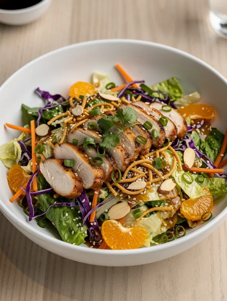 Chinese chicken salad topped with grilled chicken, crunchy chow mein noodles, mandarin oranges, shredded cabbage, carrots, almonds, sesame seeds, green onions, and sesame dressing.