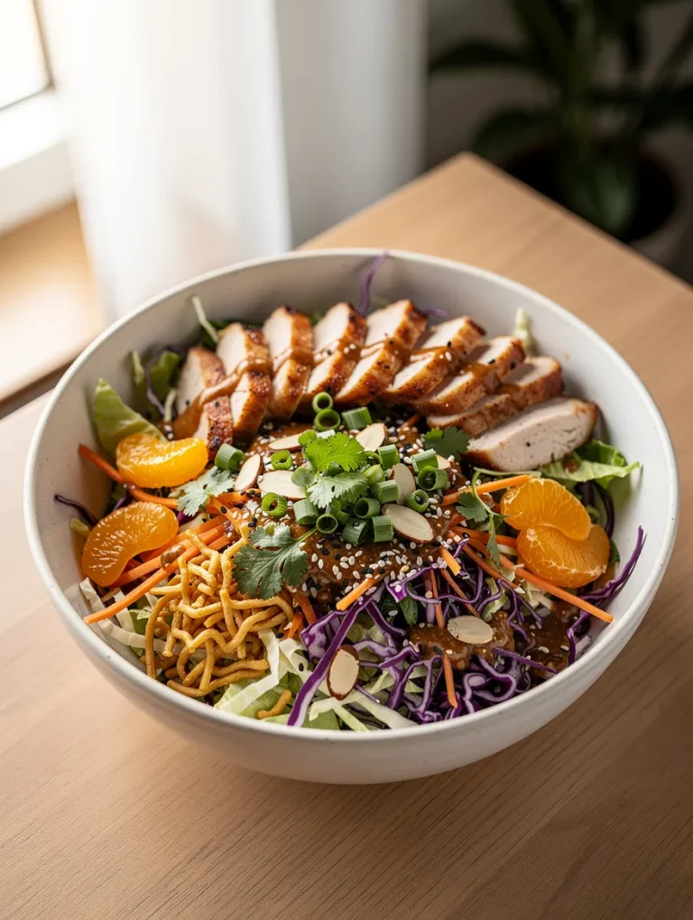 Chinese chicken salad with sliced grilled chicken, crunchy noodles, cabbage, carrots, mandarin oranges, almonds, green onions, sesame seeds, and Asian sesame dressing.