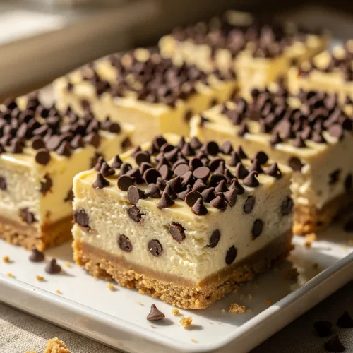 Chocolate Chip Cheesecake Bars with mini chocolate chips on a graham cracker crust served on a white platter.
