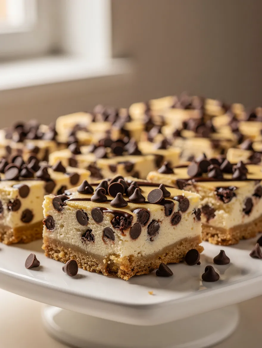 Chocolate chip cheesecake bars with a graham cracker crust, creamy cheesecake filling, and mini chocolate chips on a serving platter.