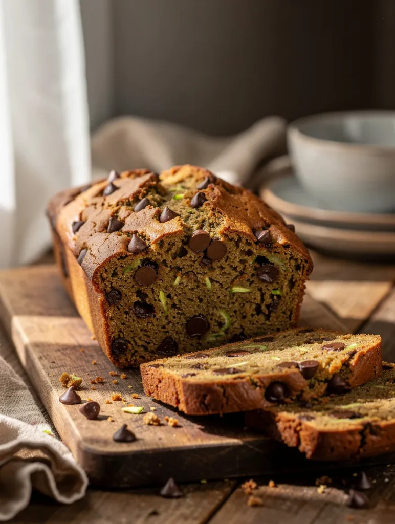 Moist chocolate chip zucchini bread loaf with sliced pieces on a wooden board, packed with chocolate chips and fresh zucchini.