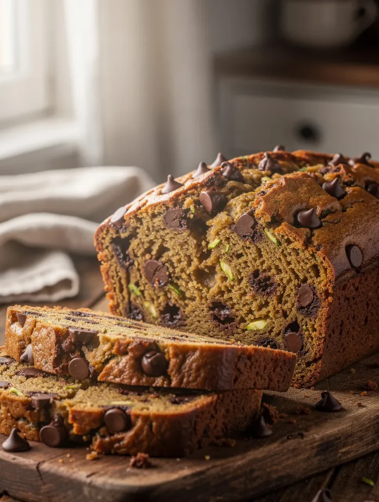 Chocolate chip zucchini bread sliced on a wooden board, featuring a moist crumb packed with chocolate chips and shredded zucchini.