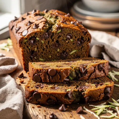 Freshly baked chocolate chip zucchini bread with sliced pieces on a wooden cutting board, filled with melted chocolate chips and shredded zucchini.