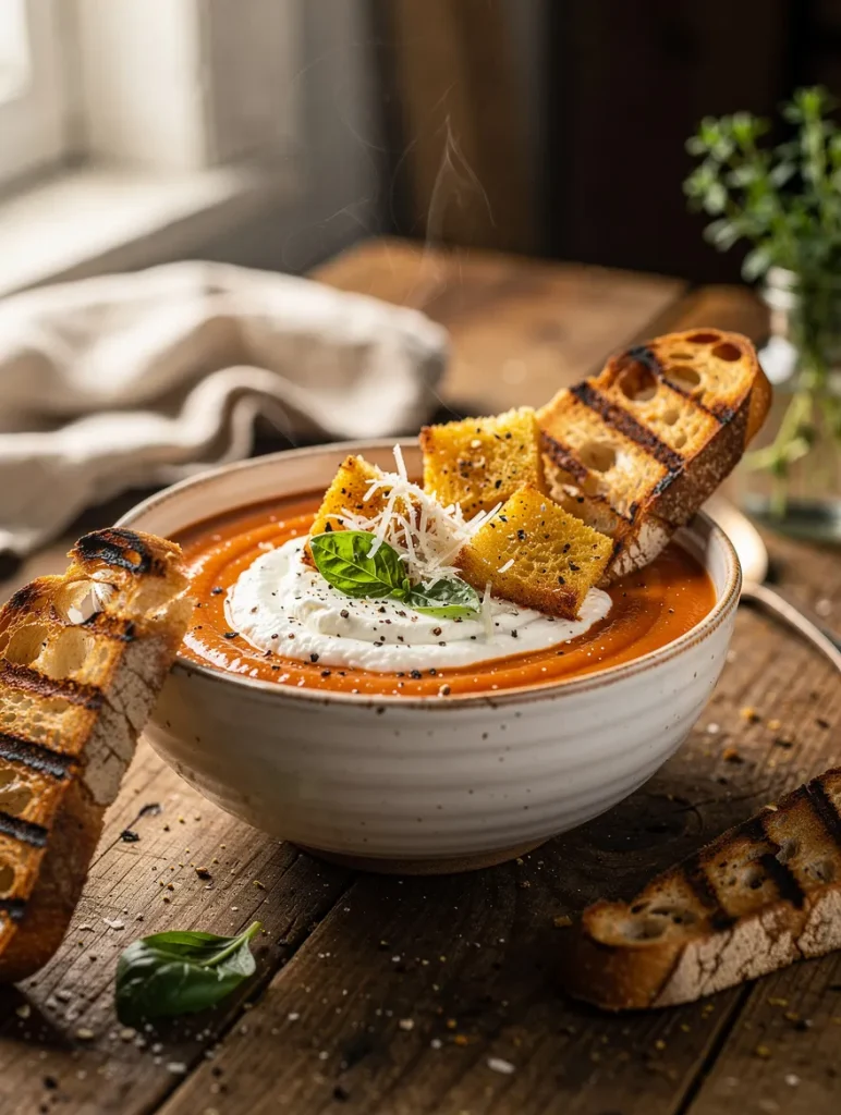 Creamy cottage cheese tomato soup topped with whipped cottage cheese, crispy garlic croutons, grated Parmesan, fresh basil, cracked black pepper, and served with grilled artisan sourdough bread.