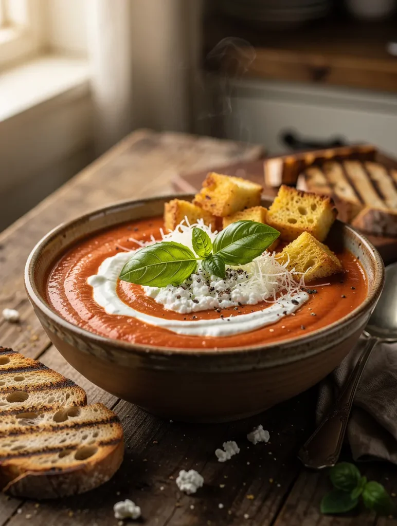 Creamy cottage cheese tomato soup garnished with whipped cottage cheese, fresh basil, grated Parmesan, crispy croutons, cracked black pepper, and served with toasted artisan bread.