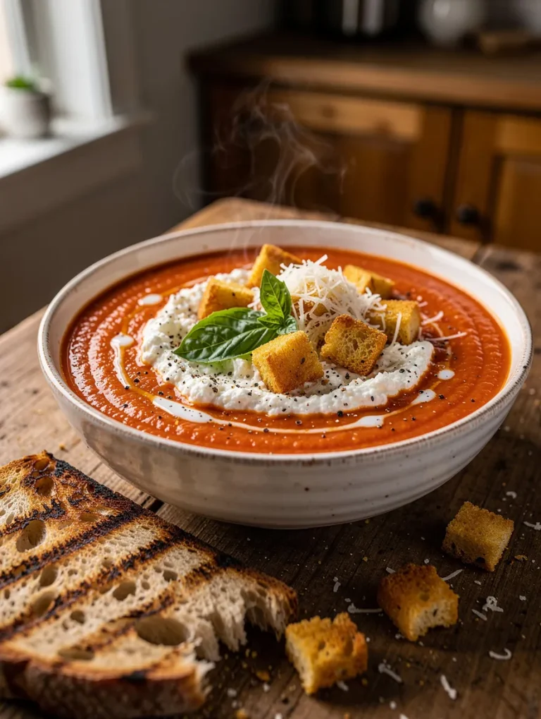 Creamy cottage cheese tomato soup topped with cottage cheese, grated Parmesan, crispy croutons, fresh basil, cracked black pepper, and served with toasted artisan bread.