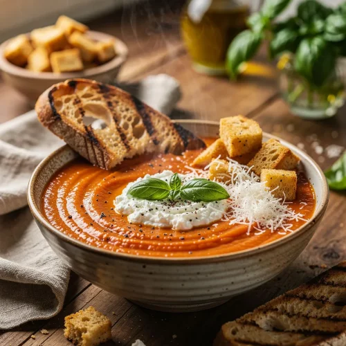 Creamy cottage cheese tomato soup topped with whipped cottage cheese, grated Parmesan, fresh basil, crispy garlic croutons, cracked black pepper, and served with grilled artisan bread.