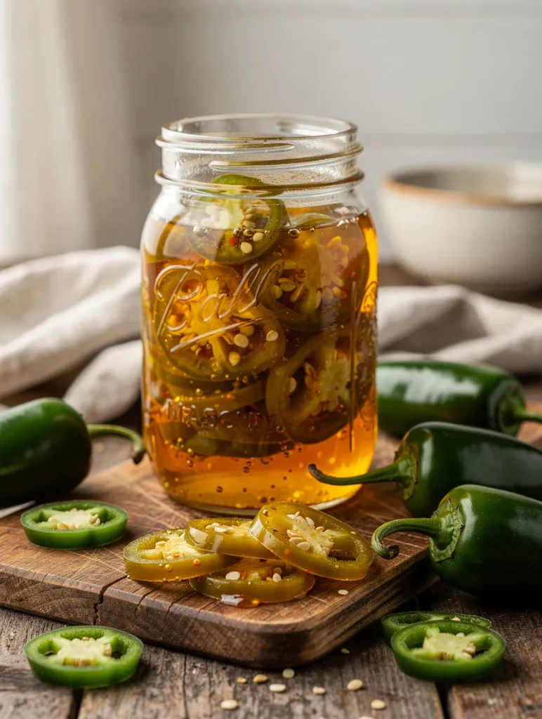 Jar of homemade cowboy candy jalapeños with sliced candied jalapeños in sweet syrup, surrounded by fresh peppers and extra slices on a wooden cutting board.