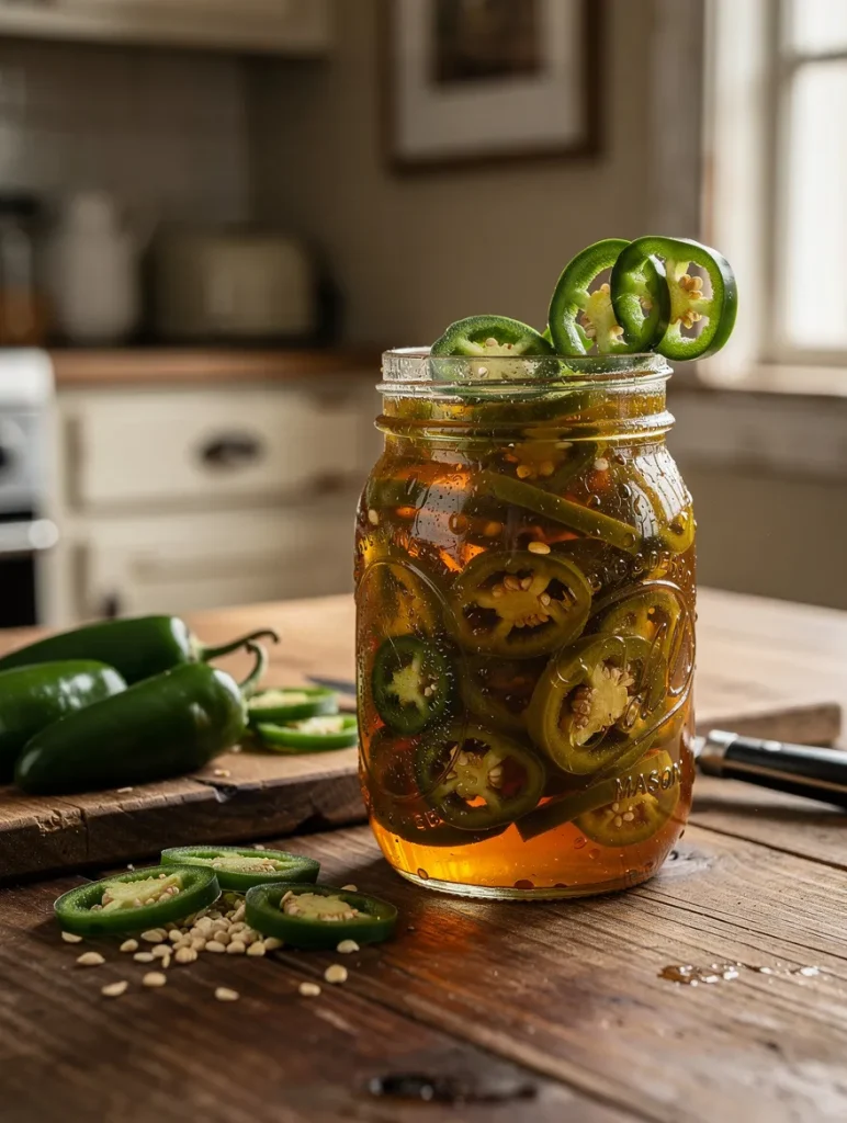 Mason jar filled with homemade cowboy candy jalapeños in sweet syrup, topped with fresh jalapeño slices and surrounded by whole peppers and seeds on a rustic wooden table.