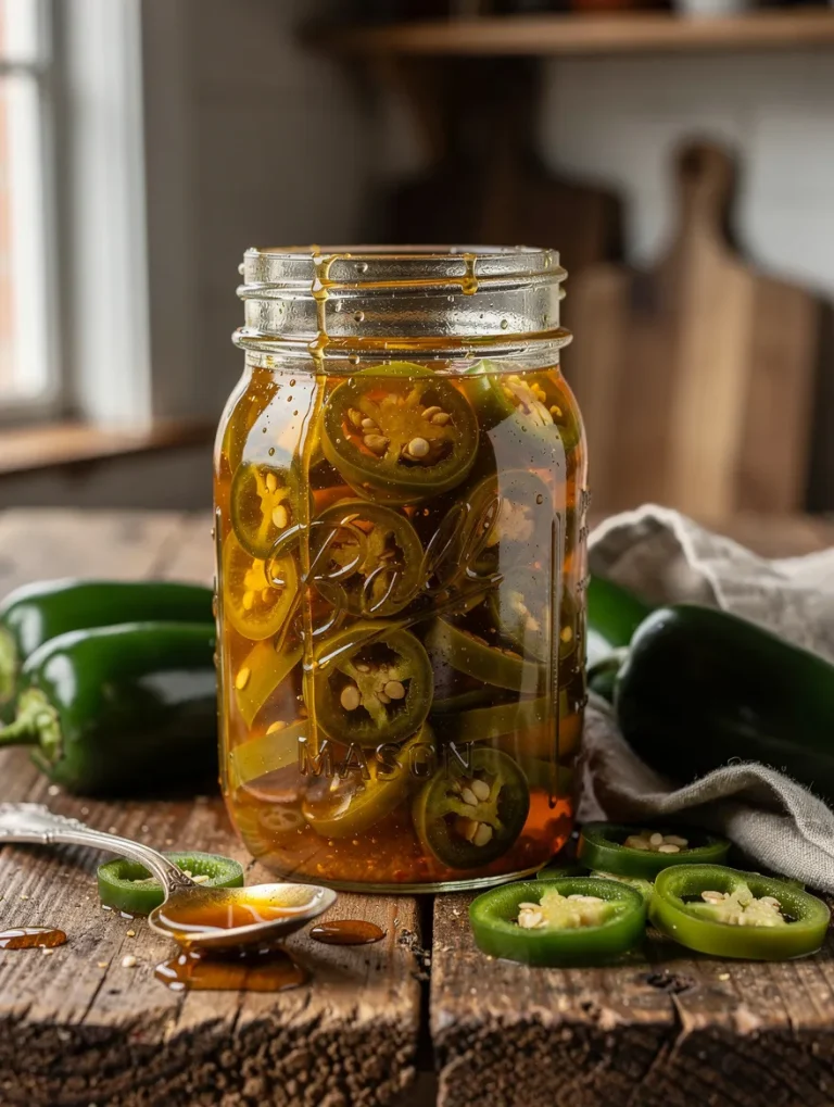 Homemade cowboy candy jalapeños in a mason jar with sliced jalapeños preserved in a sweet and spicy syrup, surrounded by fresh peppers on a rustic wooden table.