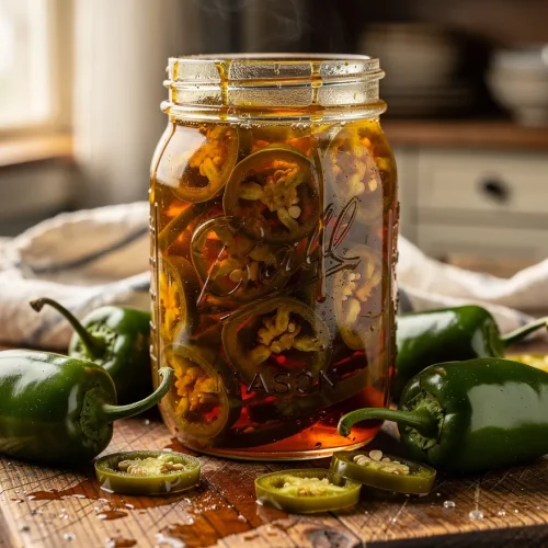 Homemade cowboy candy jalapeños in a mason jar filled with sweet syrup, surrounded by fresh jalapeño peppers and sliced rounds on a rustic wooden board.