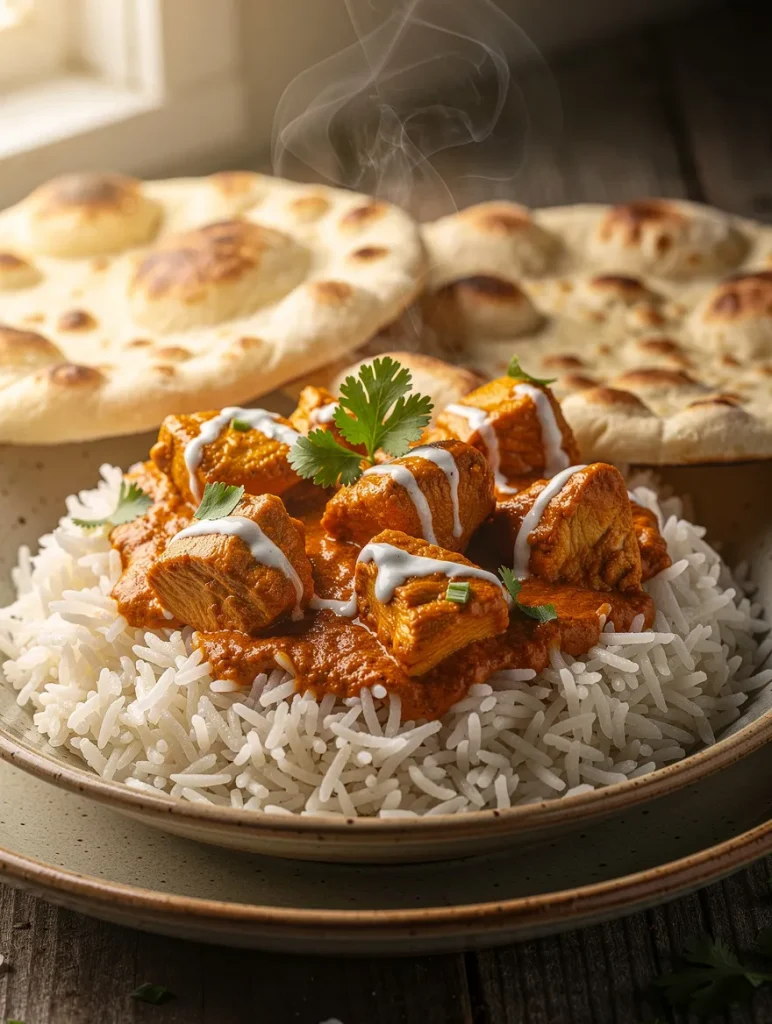 Crockpot butter chicken served over fluffy basmati rice with creamy butter sauce, fresh cilantro, yogurt drizzle, and warm naan bread in the background.
