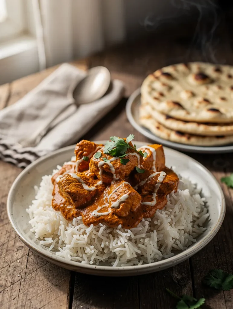 Crockpot butter chicken with tender chicken in a creamy tomato curry sauce served over fluffy basmati rice, garnished with cilantro and yogurt, with warm naan bread on the side.