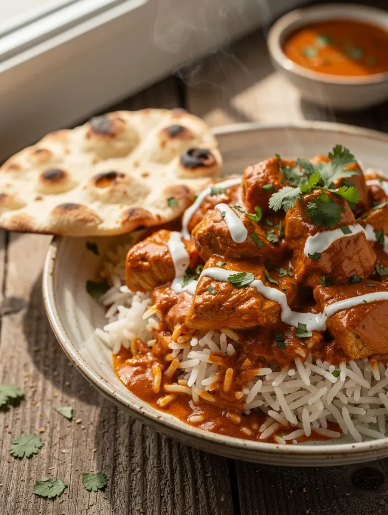 Creamy crockpot butter chicken served over fluffy basmati rice with a drizzle of yogurt, fresh cilantro, and warm naan bread on the side.