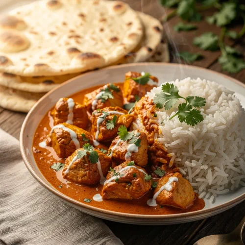 Crockpot butter chicken in a rich, creamy tomato sauce served with fluffy basmati rice, fresh cilantro, yogurt drizzle, and warm naan bread.