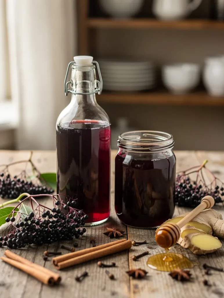 Homemade elderberry syrup in a glass bottle and mason jar with fresh ginger, cinnamon sticks, cloves, star anise, honey, and elderberries on a rustic wooden table.