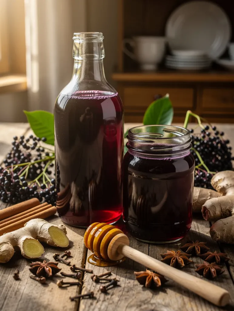Homemade elderberry syrup in a glass bottle and mason jar with fresh ginger, cinnamon sticks, whole cloves, star anise, honey dipper, and elderberries on a rustic wooden table.