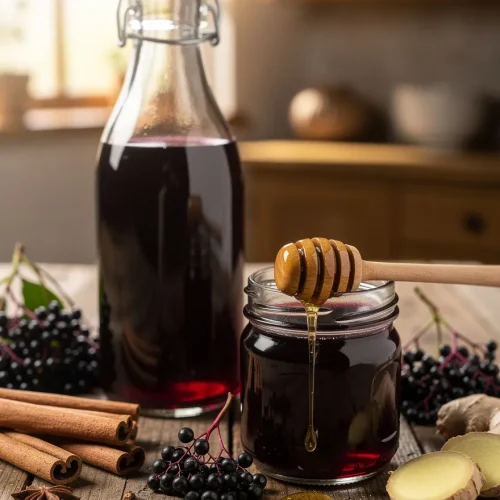 Glass bottle and mason jar filled with homemade elderberry syrup, surrounded by fresh elderberries, cinnamon sticks, ginger, star anise, cloves, and a honey dipper drizzling honey on a rustic wooden table.