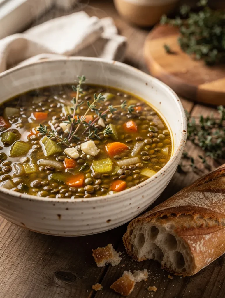 French lentil soup with green lentils, carrots, celery, onions, and fresh thyme served in a rustic bowl with crusty artisan bread.