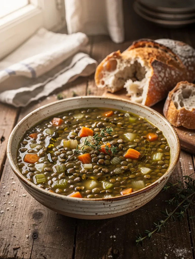 French lentil soup with green lentils, carrots, celery, onions, and fresh rosemary served in a rustic bowl with crusty artisan bread on a wooden table.