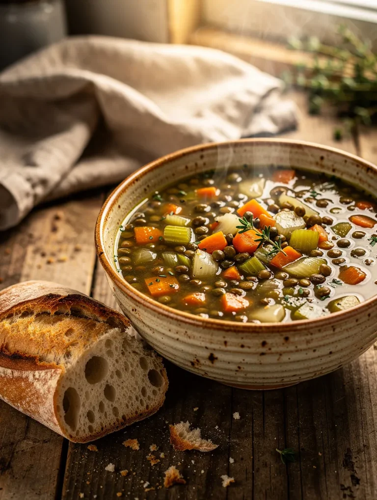 French lentil soup with green lentils, carrots, celery, onions, and fresh herbs served in a rustic bowl with crusty artisan bread on a wooden table.